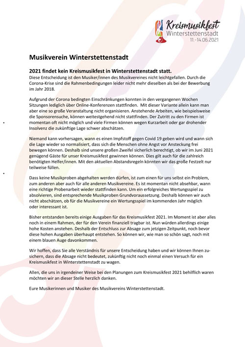 Kreismusikfest 2021 in Winterstettenstadt abgesagt